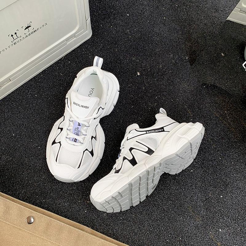 2025 Summer New Imitation Leather Fashion Thick Sole Heightening Dad Shoes Women's Versatile Casual Sports Shoes Breathable Mesh Shoes