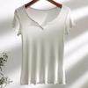 T-shirt da Donna Bianca Scollo a V Orlo Sfilacciato Manica Corta Aderente Morbida Elastica Casual Base