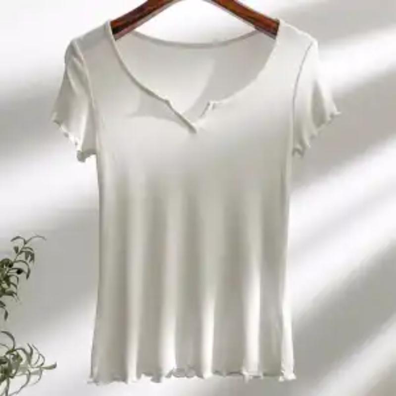 T-shirt da Donna Bianca Scollo a V Orlo Sfilacciato Manica Corta Aderente Morbida Elastica Casual Base