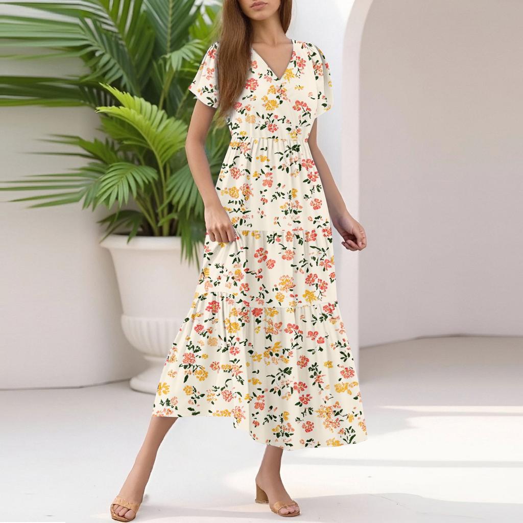 Damen Sommer Casual Mode V-Ausschnitt Rüschenärmel Blumendruck Midi-Kleid