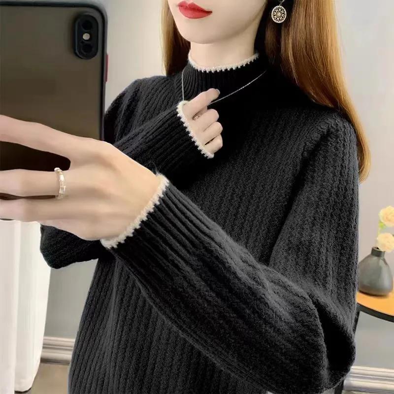 

WTEMPO Толстые теплые трикотажные свитера с длинным рукавом, полувысокие полосатые свитера Sewaters, женские осенне-зимние свободные свитера L чёрный