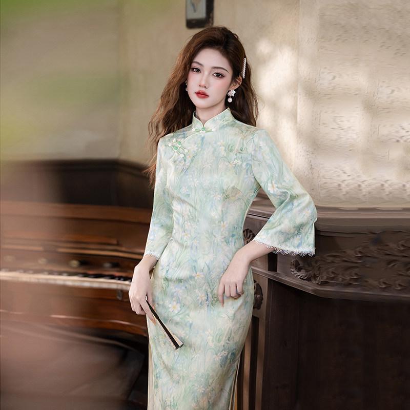 Stile nazionale verde nuovo cinese Suzhou manica lunga autunno cheongsam migliorato giovane 1011 nuovo da donna sensazione di alta gamma primavera e autunno