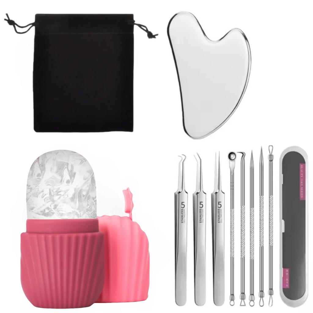Facial Care Beauty Set Face Ice Roller Stainless Steel Gua Sha Board Massage Roller Acne Blackhead Remover Clip Skin Care Tools