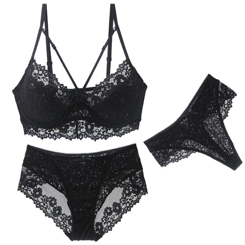 Plus Size Sexy Lingerie Three-Piece Set Lace Trim Breathable Ultra-Thin Bra Set Push-Up and Shaping Bra Skin-Friendly and Comfortable Panties