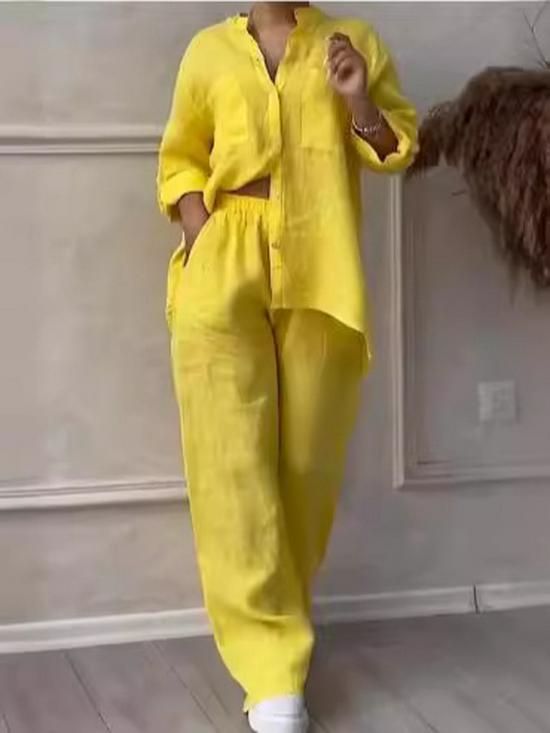 2024 Damen Einfarbig Einreihig Langarmhemd & Weitbein Hosen mit Bindegürtel Set