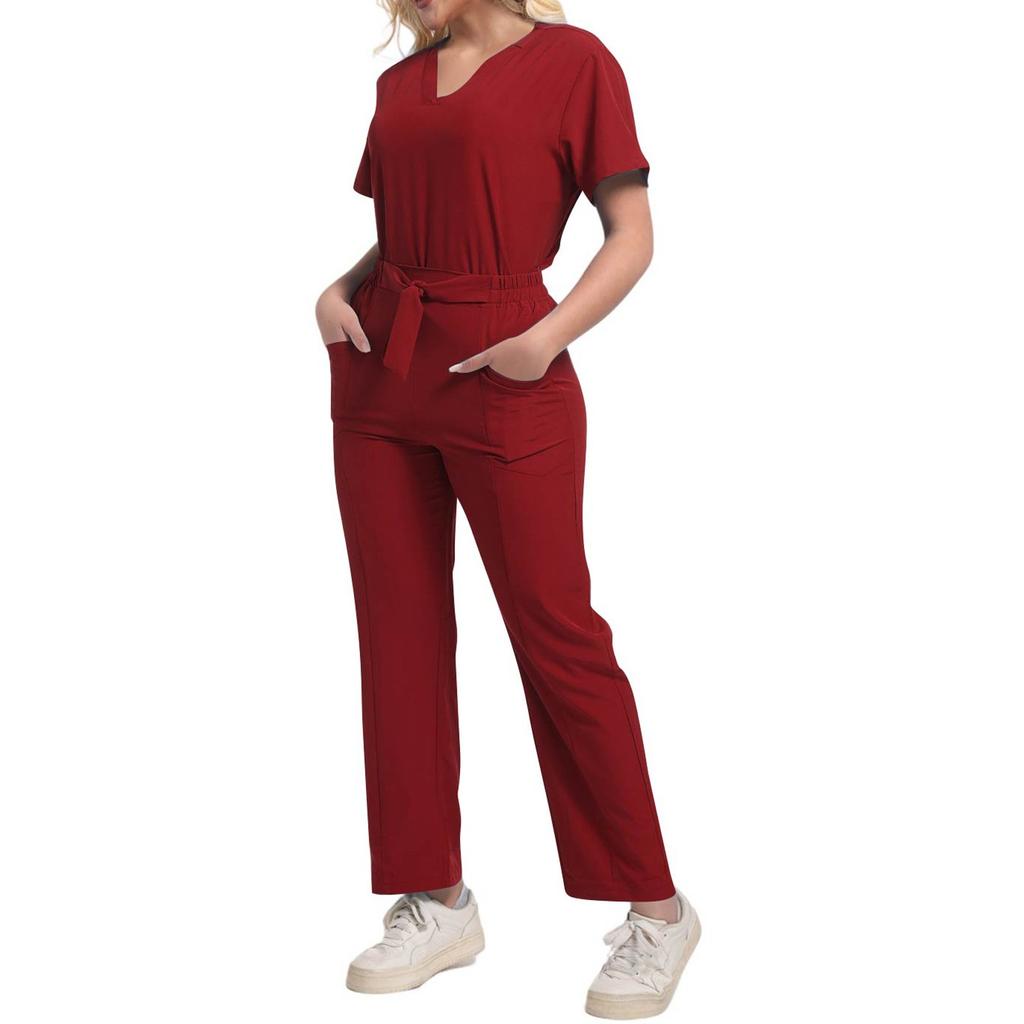 Damen Mode Kurzarm V-Ausschnitt Gemustert Tops Tasche Arbeits Set