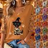 Women's V-Neck Casual Three-Quarter Sleeve Printed Top for Halloween Party and Everyday Wear