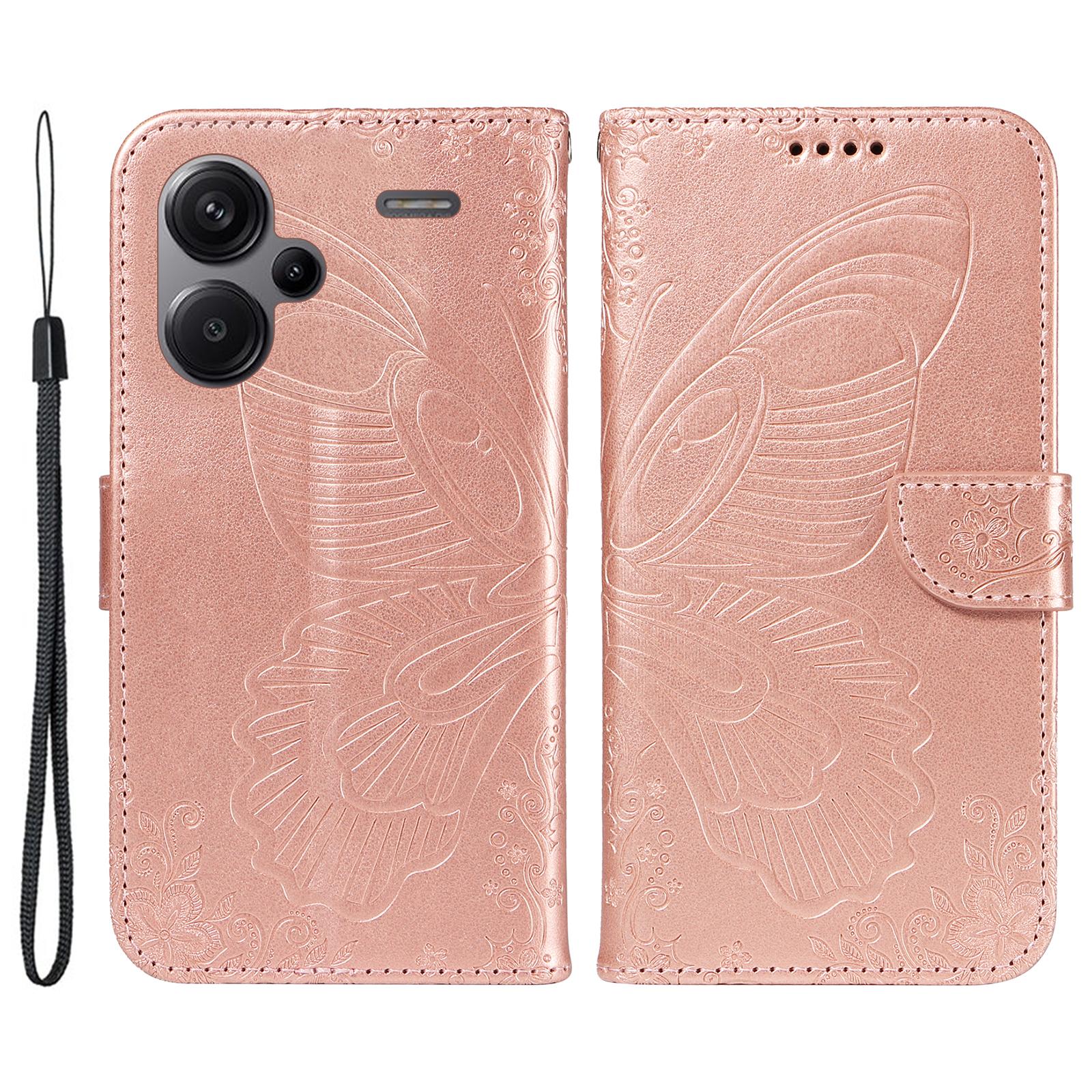 

For Xiaomi Redmi Note 13 Pro+ 5G Case Butterfly Pattern PU Leather Folio Flip Phone Cover Rose Gold