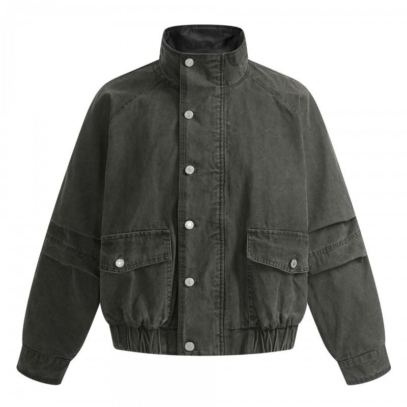 Mens Vintage Utility Jacket With Large Pockets Loose Fit Stand Collar Cotton Blend Fall Outerwear
