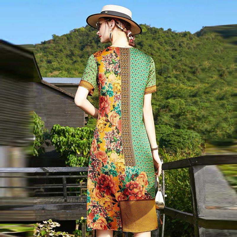 Summer Elegant Fashion Printing Dress Ladies Short Sleeve Loose Casual Midi Robe Women's Round Neck Temperament Vestidos