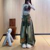 New American Retro Printed Wide-leg Jeans Women's High-waisted and Thin Scimitar Pants Design Trousers