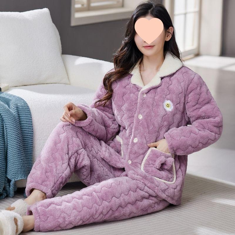 Pajamas women's winter warm winter fleece thickened coral fleece three layers of cotton autumn and winter women's loungewear