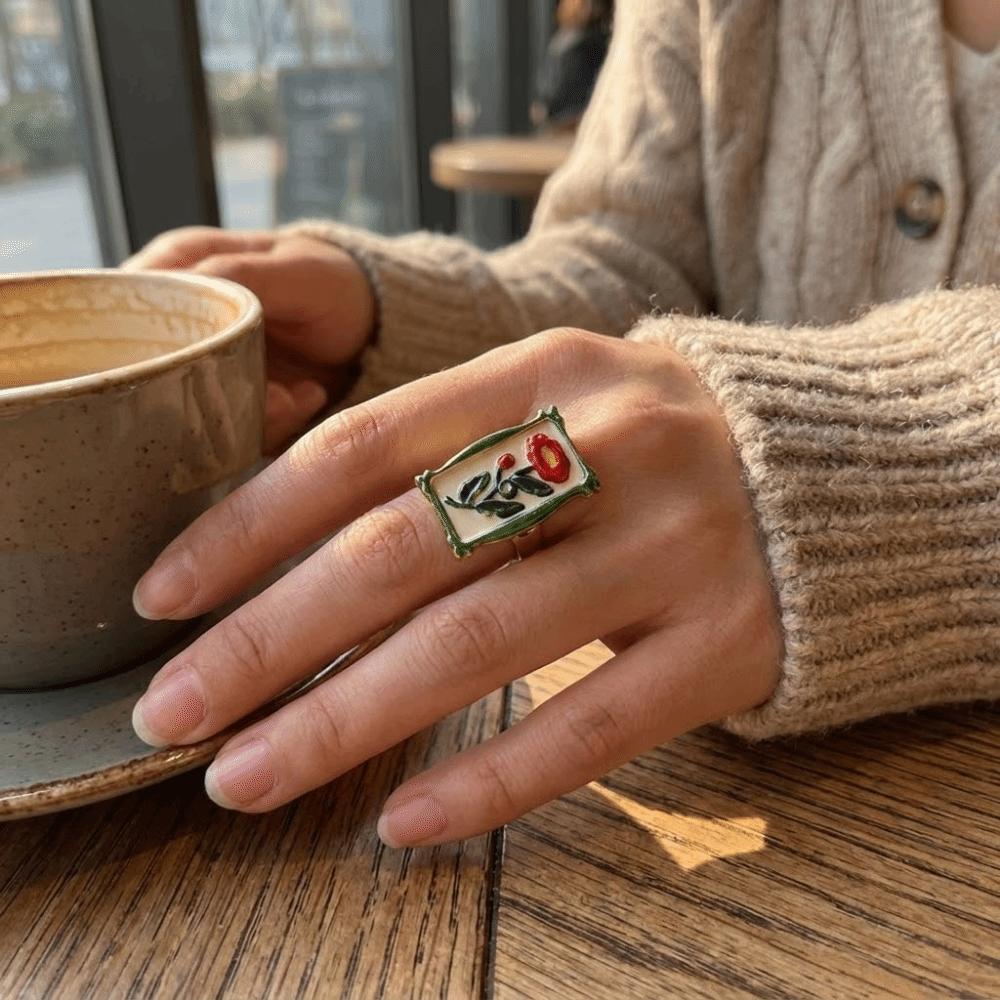 Pomegranate Printing Ethnic Style Ring Photo Frame Vintage Zinc Zinc Alloy Geometric Ring Gift