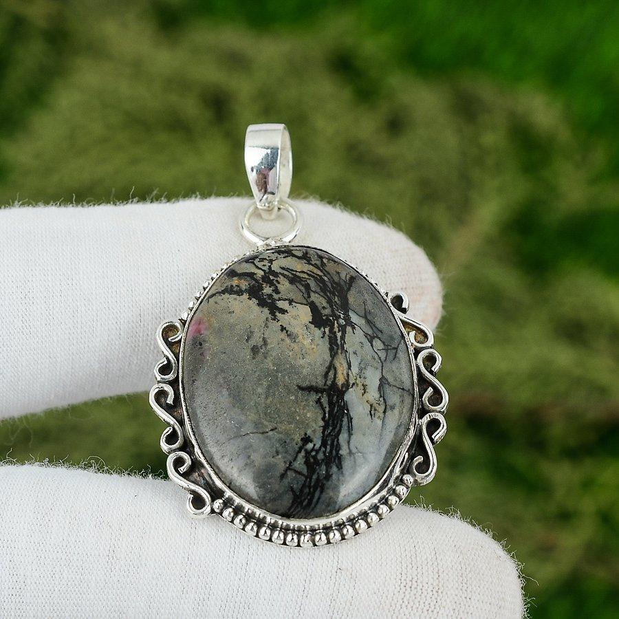 925 Sterling Silver Oval Natural Picasso Jasper Engagement Bezel Wife Pendant