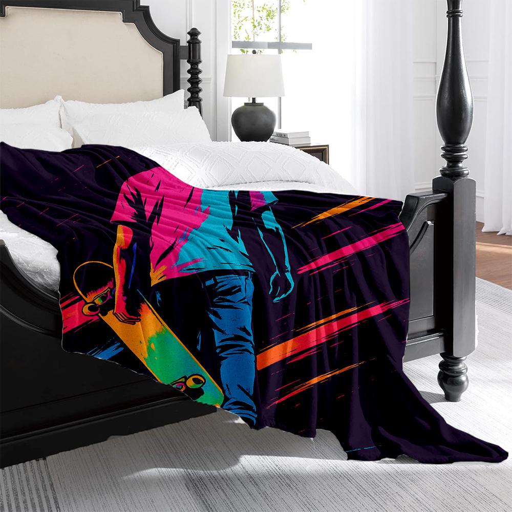 1pc Skateboard Teen Print Fleece Blanket - Heavy-Duty Quilted Plush Bedspread with Neon Skateboarder & Graffiti Design, All-Seas