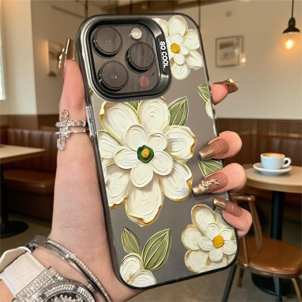 Textured White Flowers Shockproof Phone Case for Iphone 16 15 14 13 12 11 Pro Max/Mini Anti-Scratch Premium Hard Cover