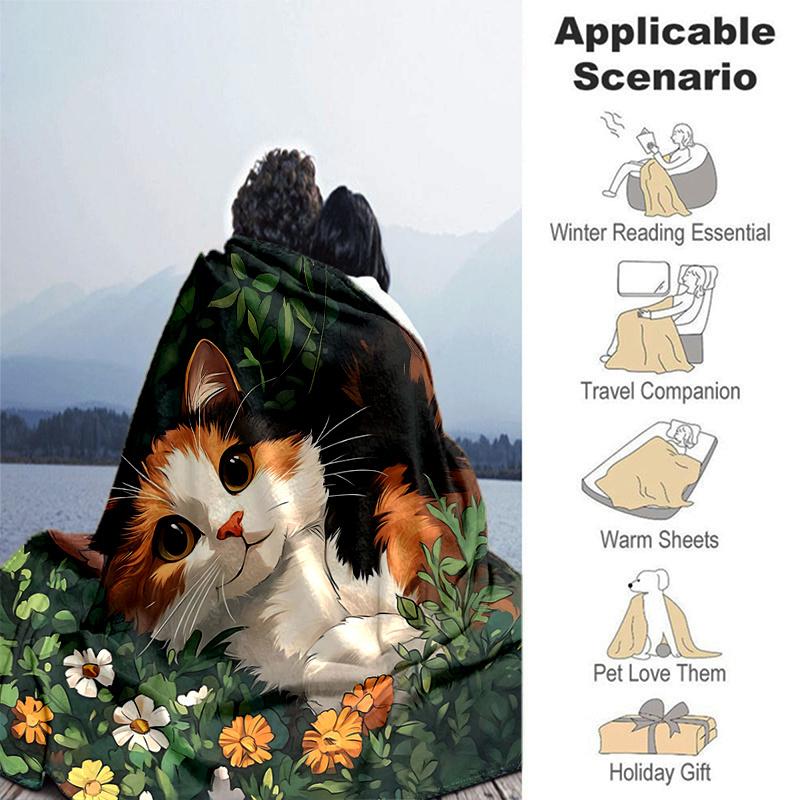 1pc Orange Cat & Flower Theme Blanket Soft Warm Bedding Throw for Room Decor, Living Room, Travel, Camping, Car Blankets