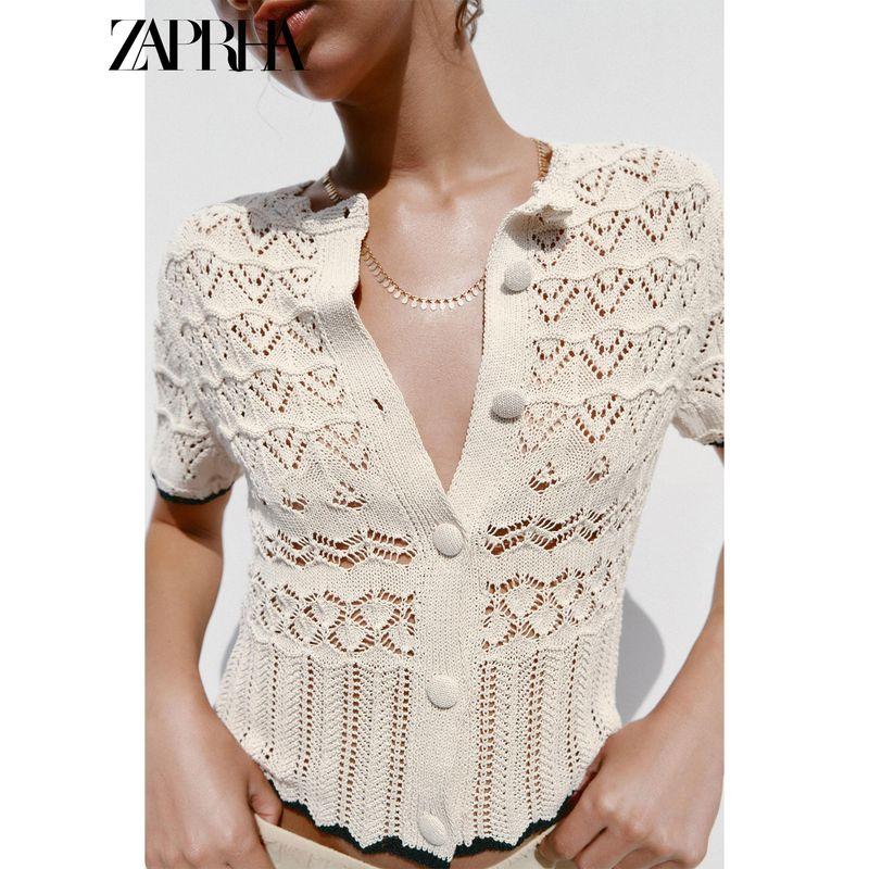 Zaprha 2025 Summer New Sweet Contrast Color Hollow Design round Neck Short sleeve Knit cardigan 6771121