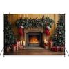 Mocsicka Christmas Photography Background Xmas Tree Fireplace Yellow Wall Decoration Family New Year Party Photo Backdrop Banner