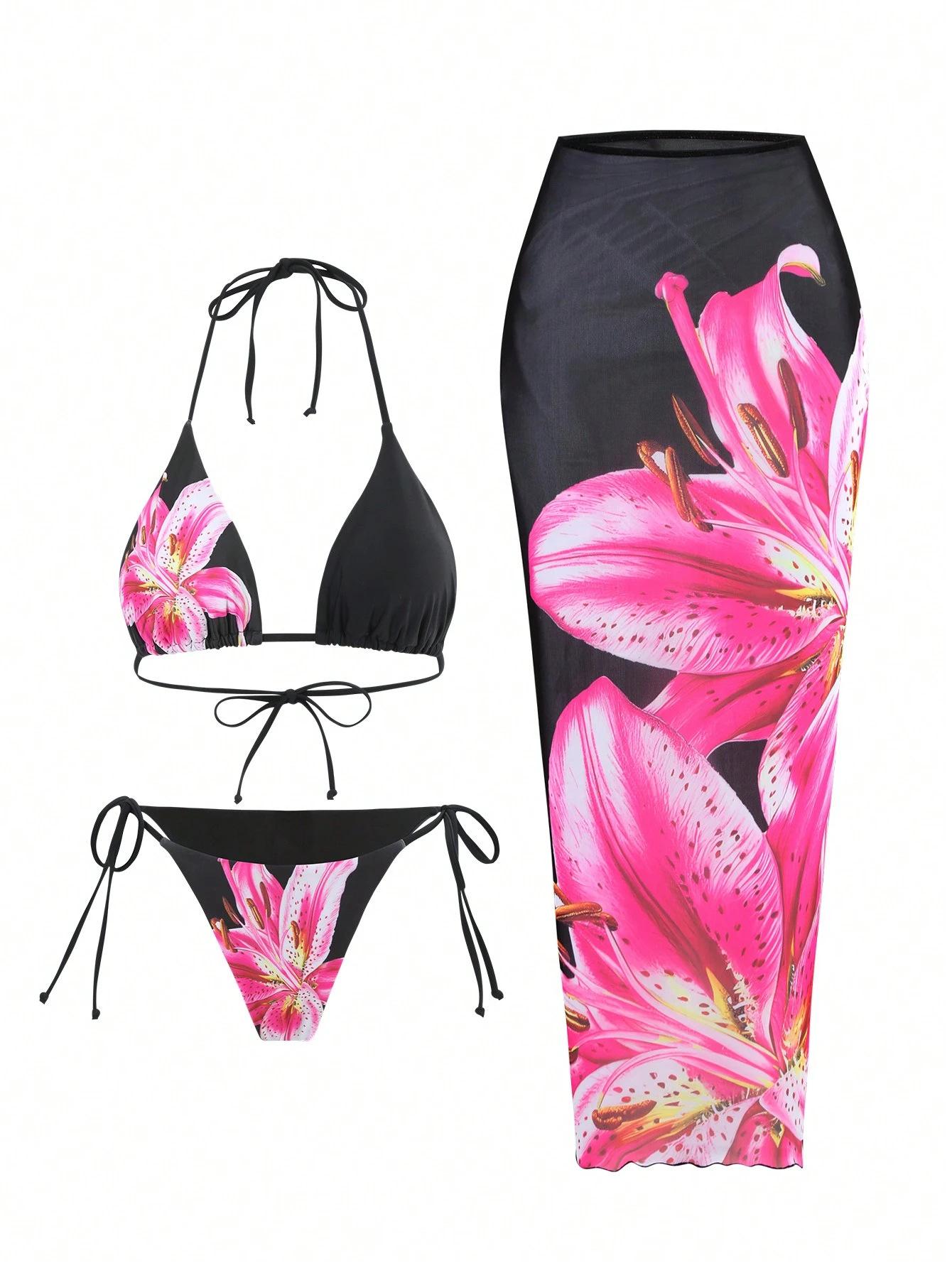 

New European And American Bikini Blouse Jacket Sexy Lily Fixed-Print Swimsuit Three-Piece Set S