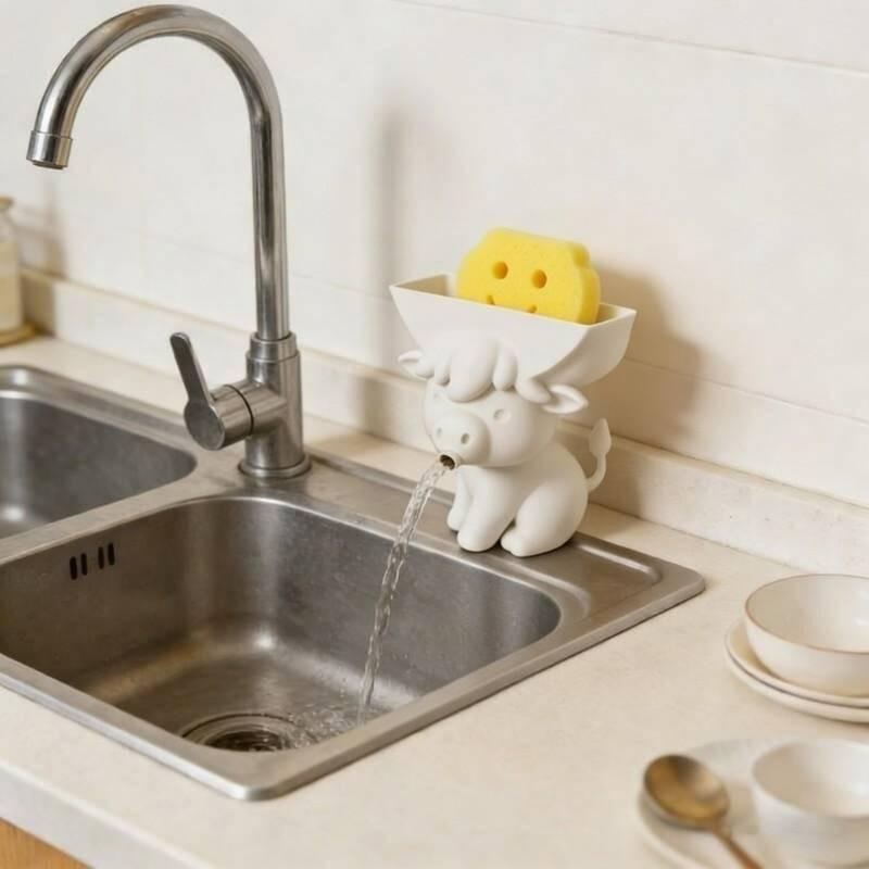 Cow-shaped sponge holder drains water via mouth. Cute sink organizer for kitchen & bathroom; sponge excluded.