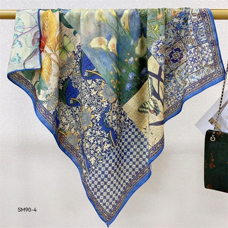 Double-Sided Faux Silk And Wool Printed Scarf For Women Spring And Autumn 90Cm Square Scarf Foulard Bandana Femmel Headscarf
