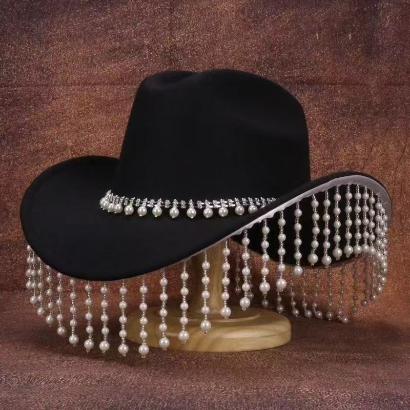 New European and American style cowboy hat women's summer beach sun hat rhinestone fringed jazz cowboy hat