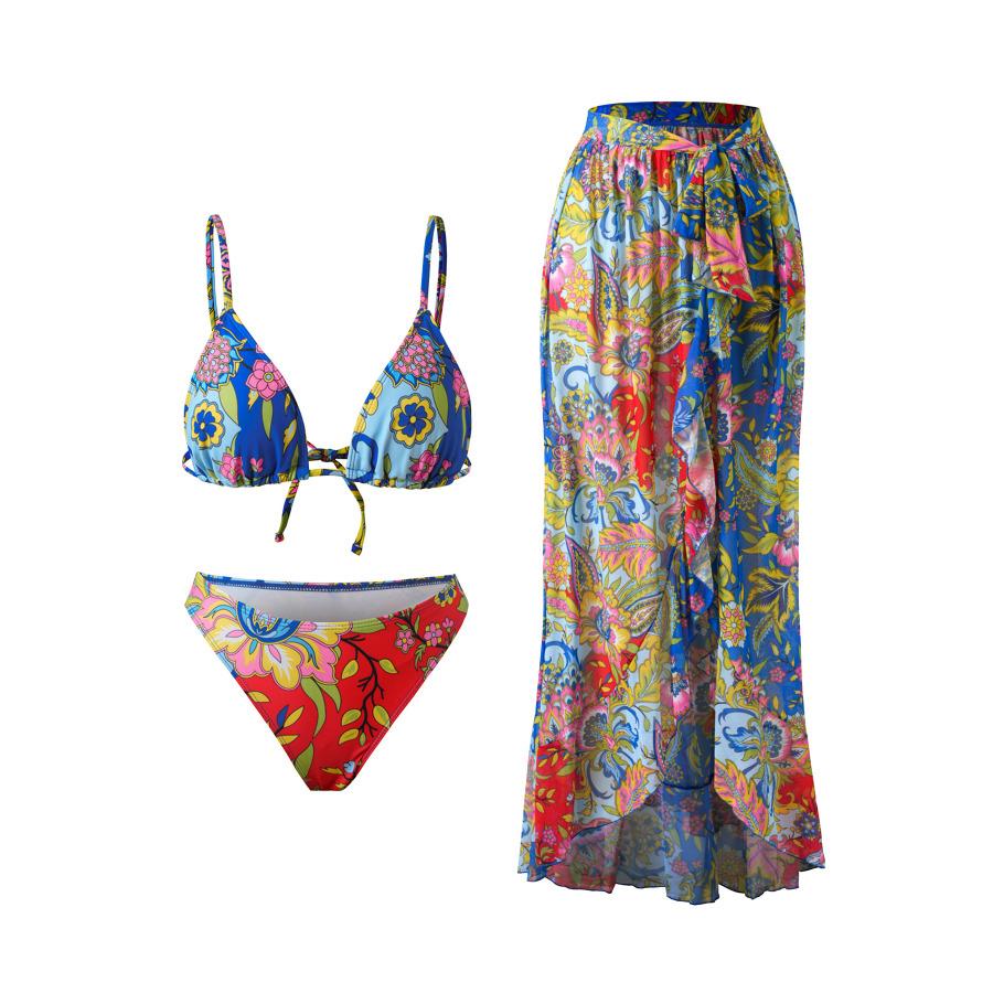 

Women s 3 Piece Swimsuit Set Bikini, Apron Style Top, and Vintage Print Maxi Skirt XL різнокольоровий