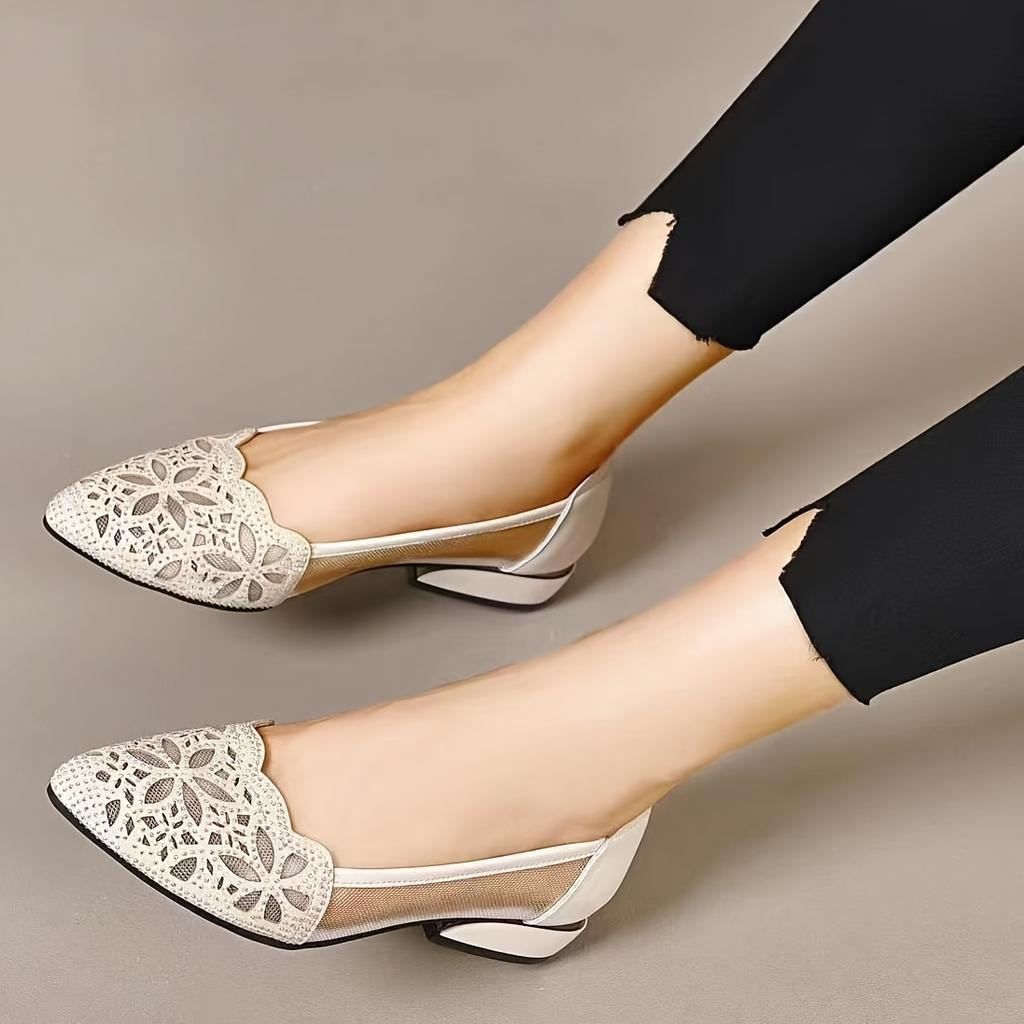 Women's Summer Soft-Sole Sandals Women's Mesh Soft-Leather Flats Low-Cut Leather Shoes Chunky-Heel Round-Toe Openwork Shoes