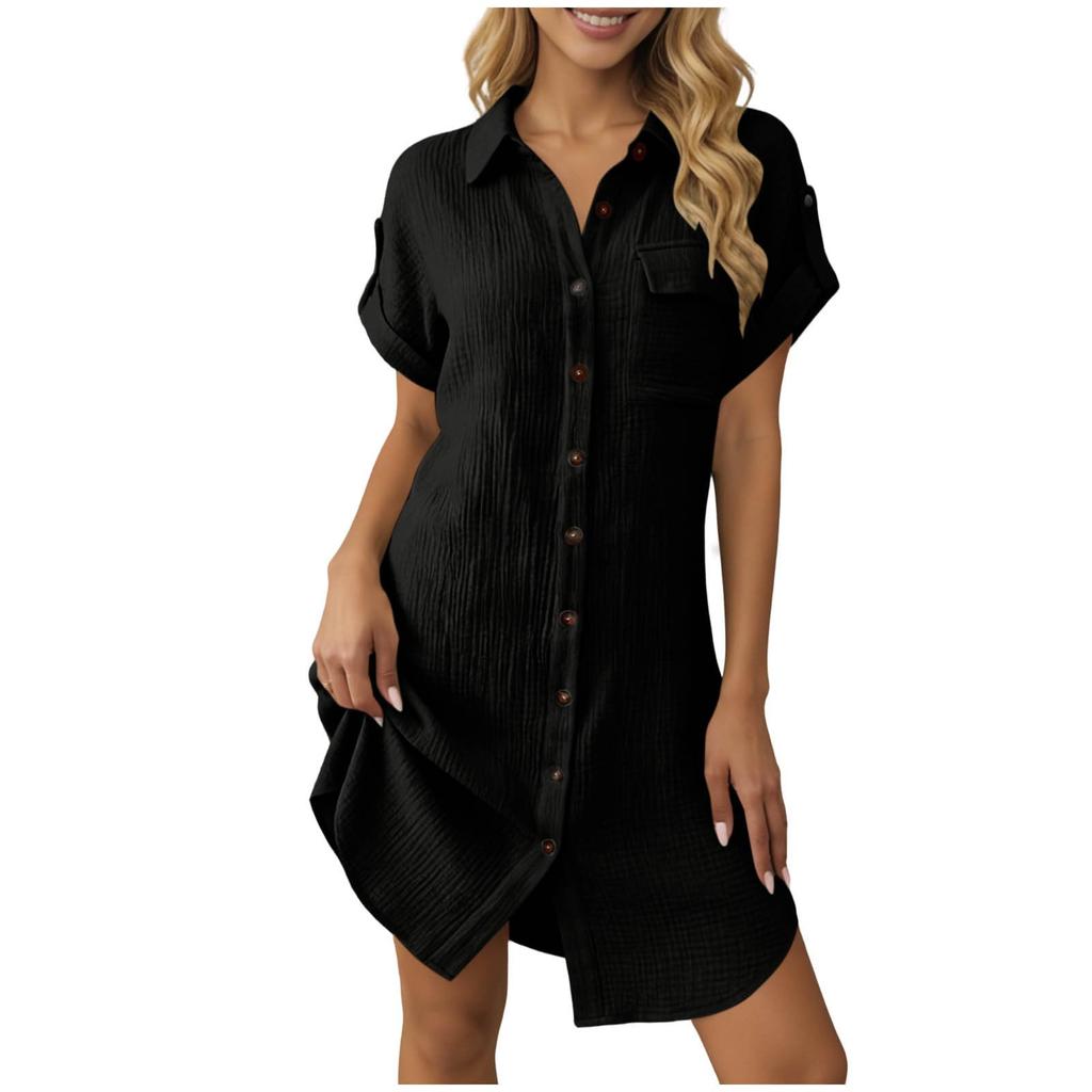Dresses For Women Short Sleeve Button Down Lapel Maxi Dress Casual Loose Fit Fashion Beach Dress