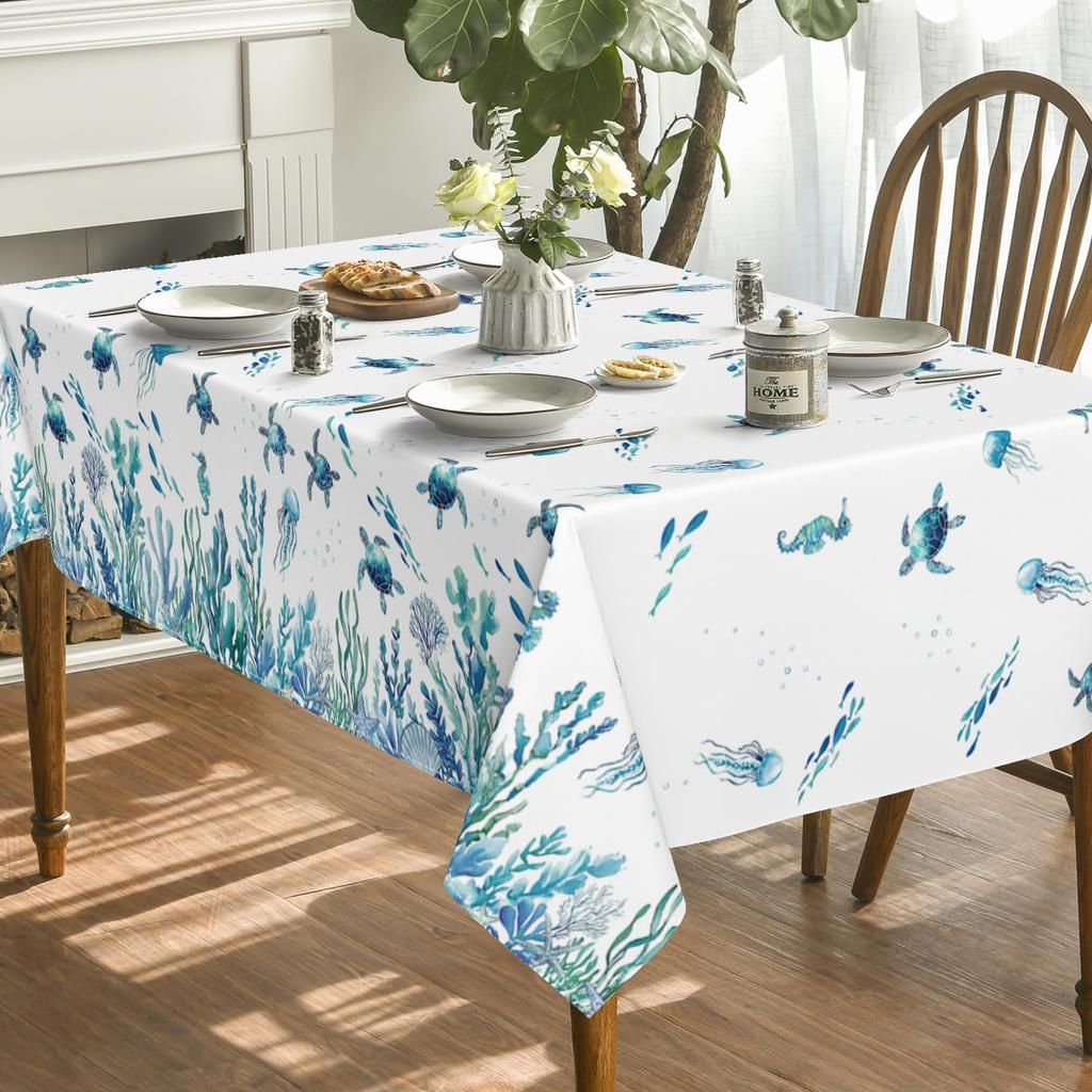 Blue Sea Turtle Seaweed Rectangle Waterproof Tablecloth Party Decor Washable Farmhouse Kitchen Dining Tablecloth Picnic Decor