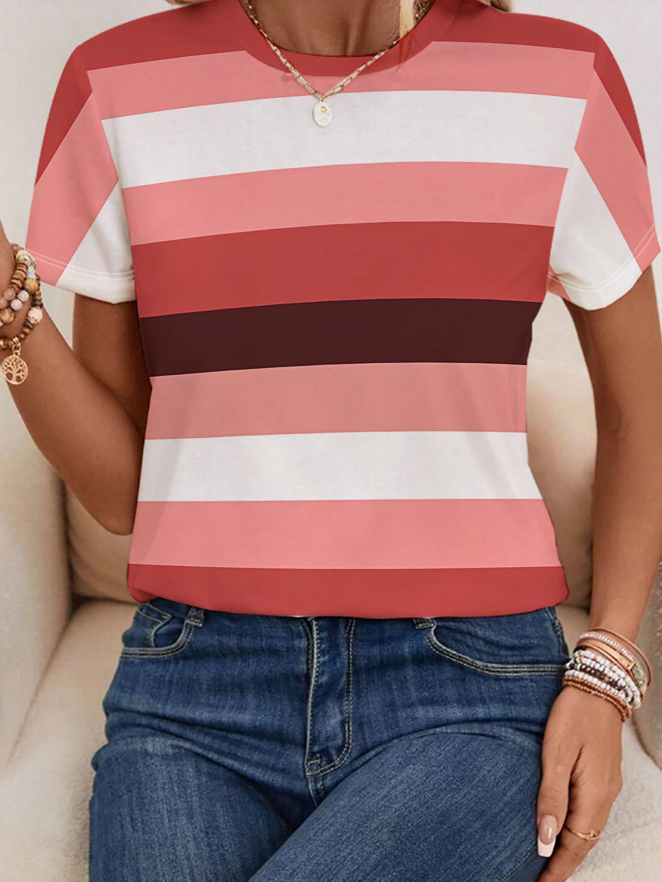 

Women s Short-sleeved T-shirt. Pink. White. Red. and Brown Stripes. Paired with Light Blue Jeans M дубильна кора