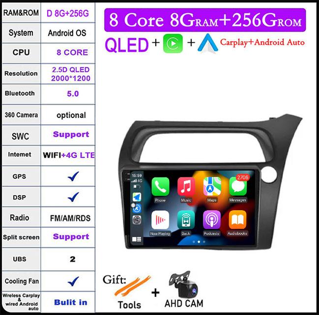 9 Lnch Android 14 For Honda Civic Hatchback 2006-2011 Car Radio Player Video Multimedia Carplay IPS DPS Navigation DSP Screen