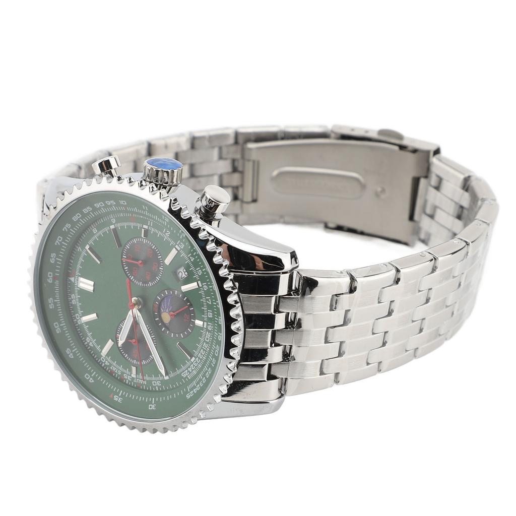 Men Quartz Watch with Calendar and Moon Phase Zinc Alloy Case Stainless Steel Strap Men Wristwatch