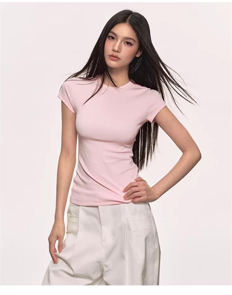 White shoulder short sleeved T-shirt for women, Lyocell summer solid color base, versatile round neck slim basic T-shirt top for women