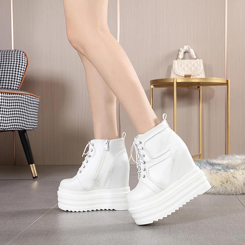 Fashion 14CM Spring Platform Shoes Autumn Harajuku Gothic Punk Black Shoes High Sole Lolita Wedges Pumps Women Lace Up Soft Leather