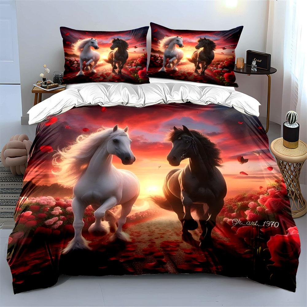Horse Sunset Art Decor Set Bedding Set with 1 Duvet Cover 2 Pillowcases Single Double King Queen, Gift