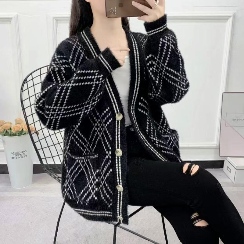 New imitation mink women's plaid loose lazy wind fairy sister student sweater women's jacket knitted cardigan