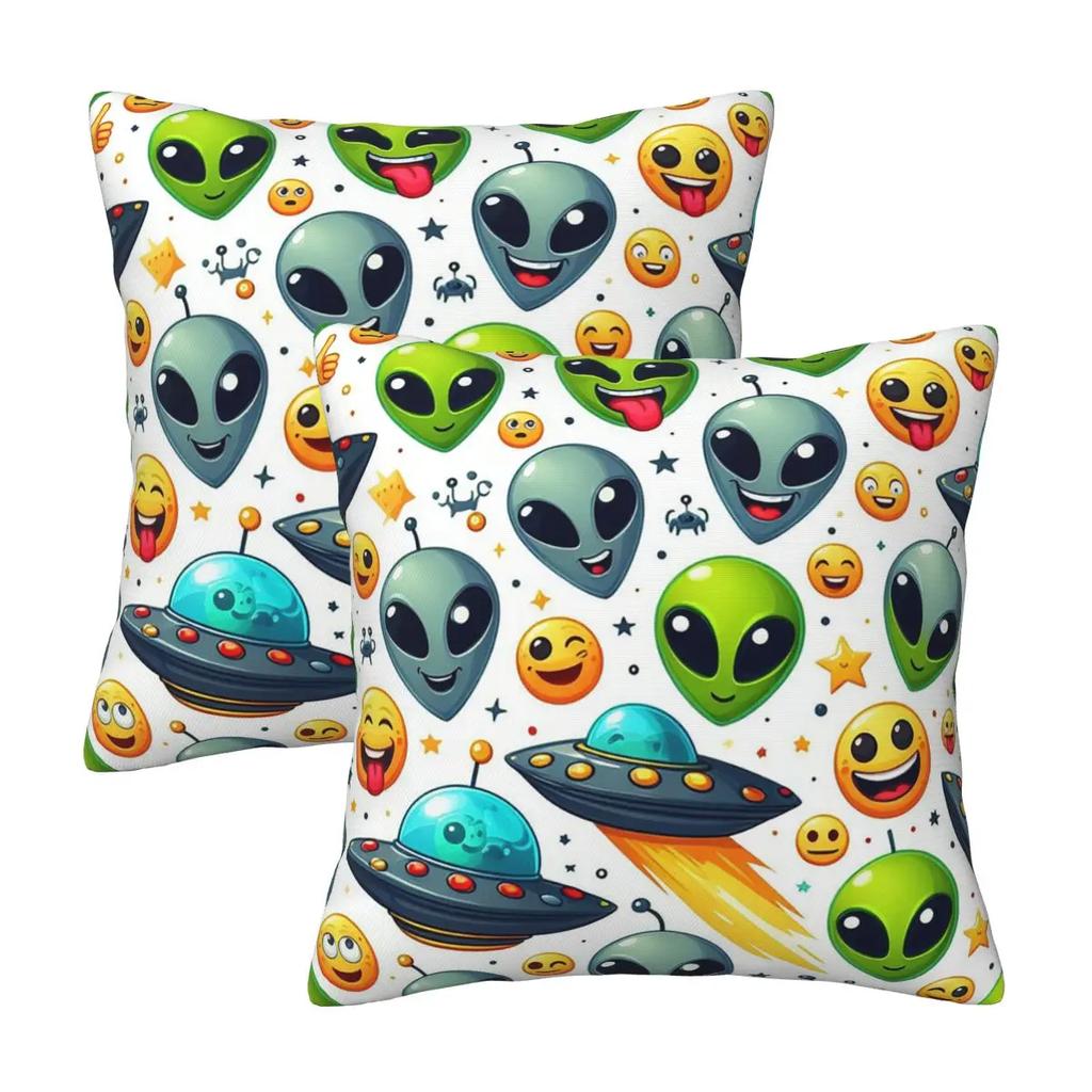 Green Alien And Ufo Pattern 2 Pcs Square Pillowcase Pillow Cover Cushion Decor Comfort Throw Pillow For Home Living Room