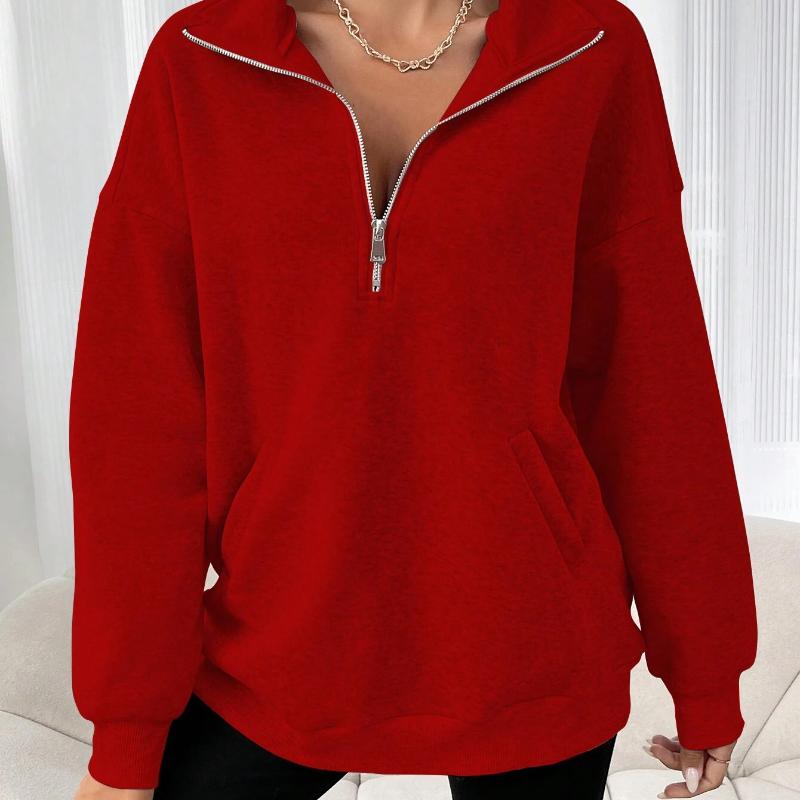 Осень и зима новый модный однотонный повседневный женский свитер с застежкой-молнией и лацканами S красный 2528₽