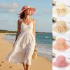 Women Fashion Wide Brim Straw Hat Bow Flowers Foldable Sunscreen Beach Hat Sun Protection Leisure Bucket Hat Women