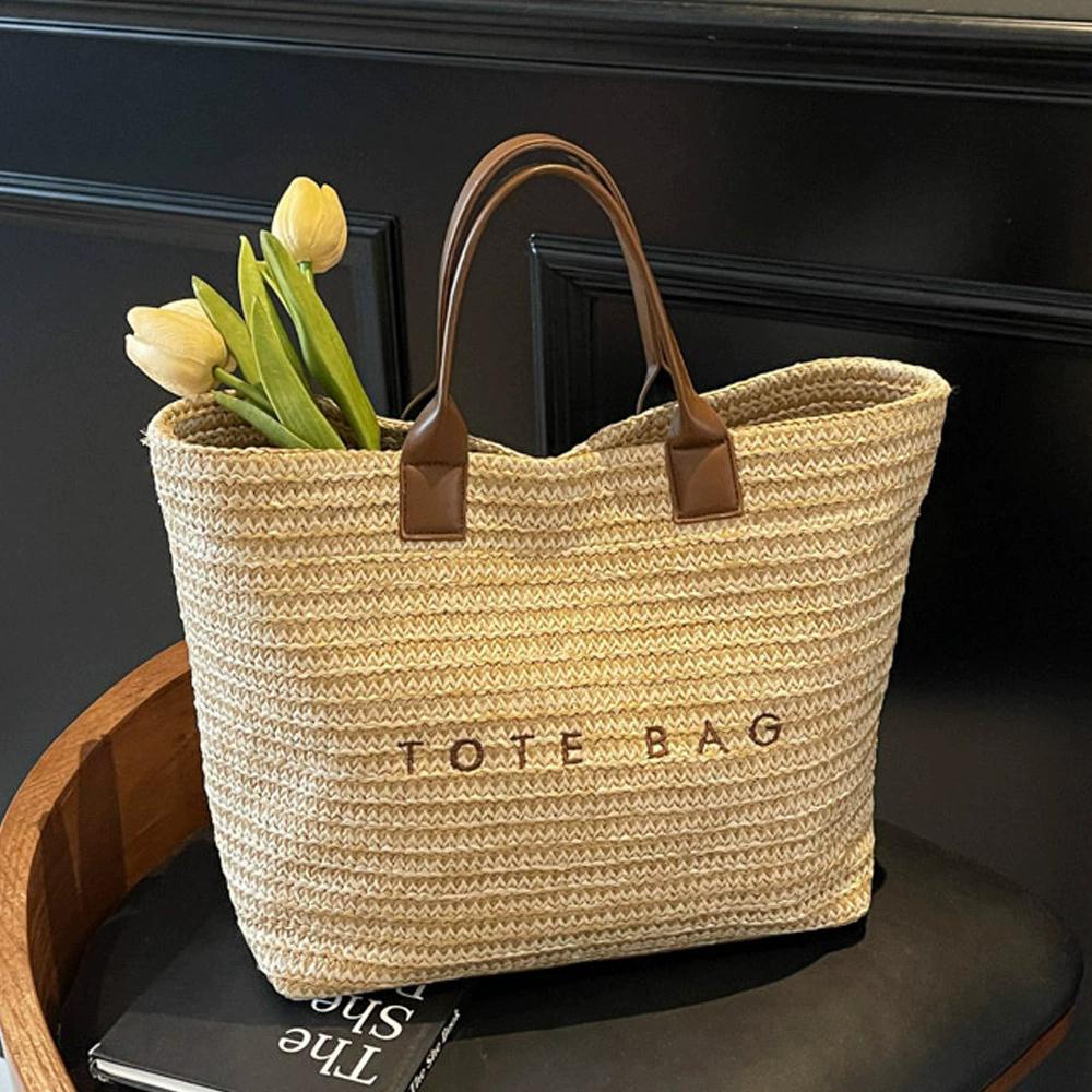 Women's Large Capacity Woven Tote Bag Fashion Letter Pattern Shoulder Bag Soft Versatile Commute Shopping Bag