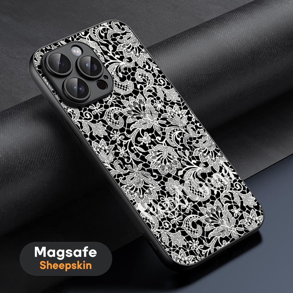 

Art Lace print Black pattern design Phone Case For iPhone 17 16 15 14 13 12 11 Plus Pro Max High-end Luxury Magsafe Sheepskin iPhone 16 Pro Max