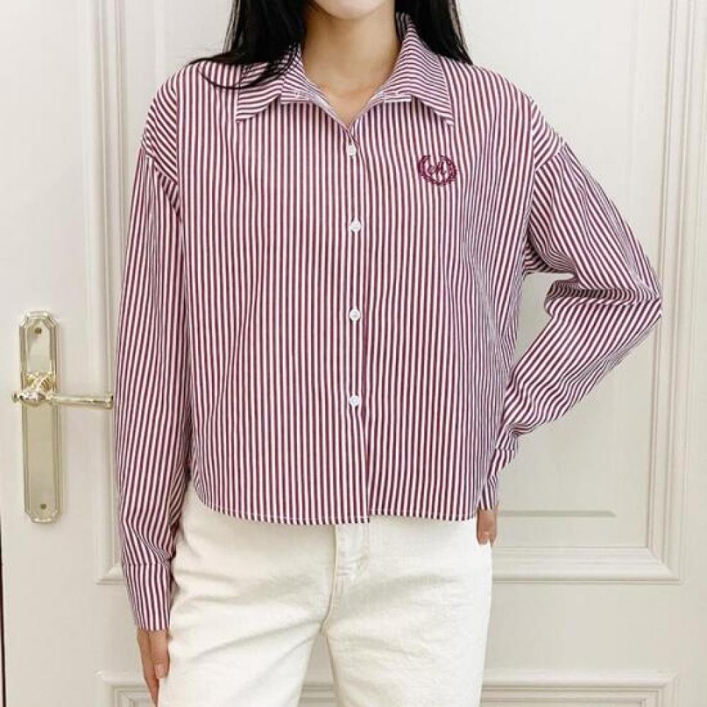 New Arrivals Open Run Women Collar Neck Stripe Embroidery Long Sleeve Shirt