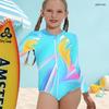 Girls High Neck Long Sleeve Front Zip One Piece Printed Swimsuit Black Gold Silver