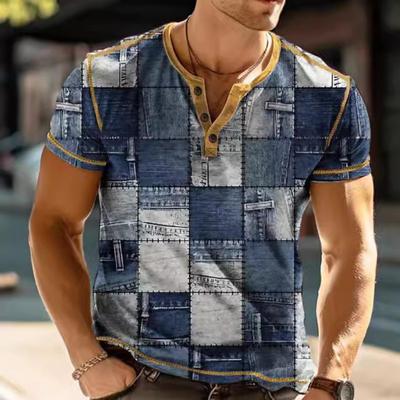 Simple Plaid 3D Printed Stand-Up Collar Men'S Casual Short-Sleeved T-Shirt