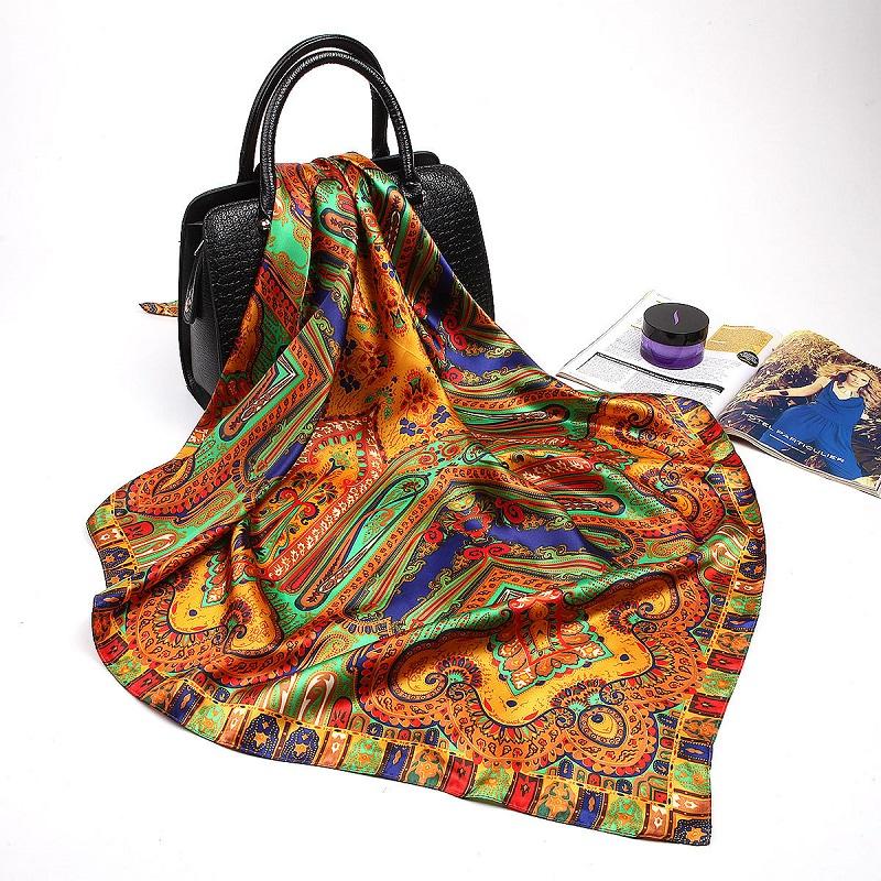 

Fashion Floral Print Kerchief Silk Satin Shawls And Wraps Hijab Scarfs Female 90Cm*90Cm Square Bag Scarves For Ladies 90cmx90cm
