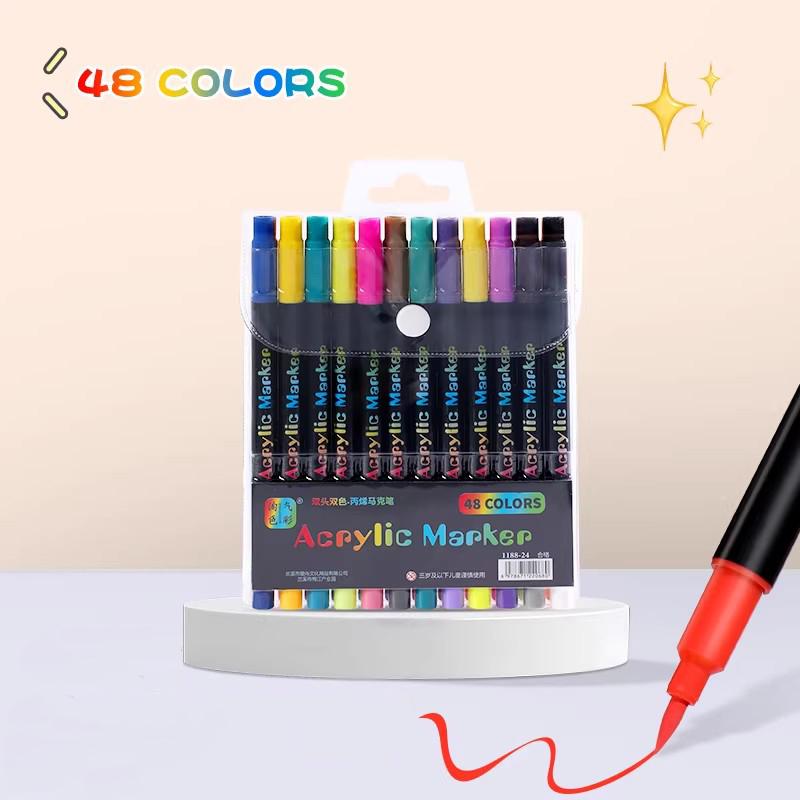 48Color Professional Art Use ual-Tip Acrylic Pens Markers,Dual-Tip Fine and Brush Tip Pens,Suitable for Stone, Wood, Calligraphy