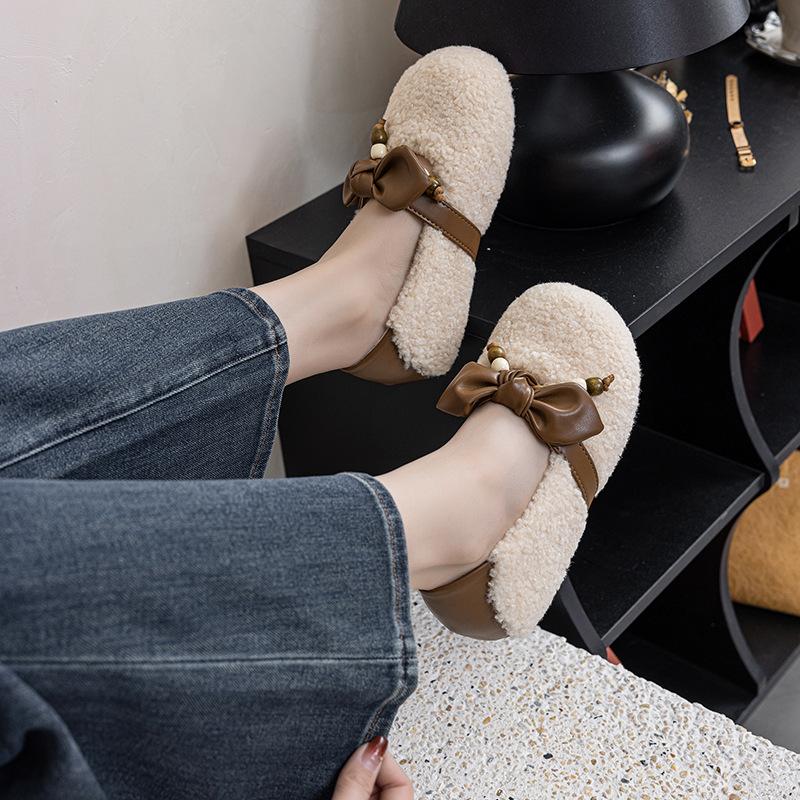 Fleece Lined Mary Jane Shoes Women's Autumn Winter New Style Red Trendy Slip-On Plush Cotton Shoes with Bow Tie Warmth