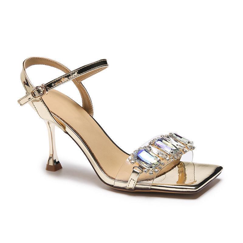 Square head word with high-heeled sandals women 2025 summer new women's shoes sexy outer wear Internet celebrity stiletto fairy shoes